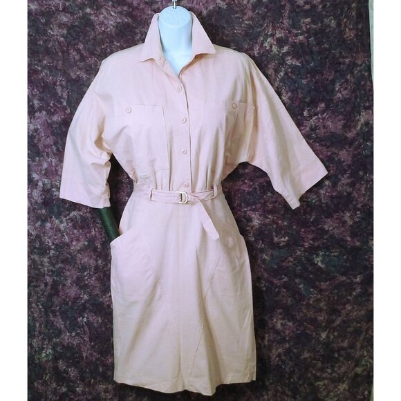 Vintage 80s Byer Too! Shirtwaist Dress -M(8) Pockets Buttons Power Shoulder Pink - Picture 1 of 14